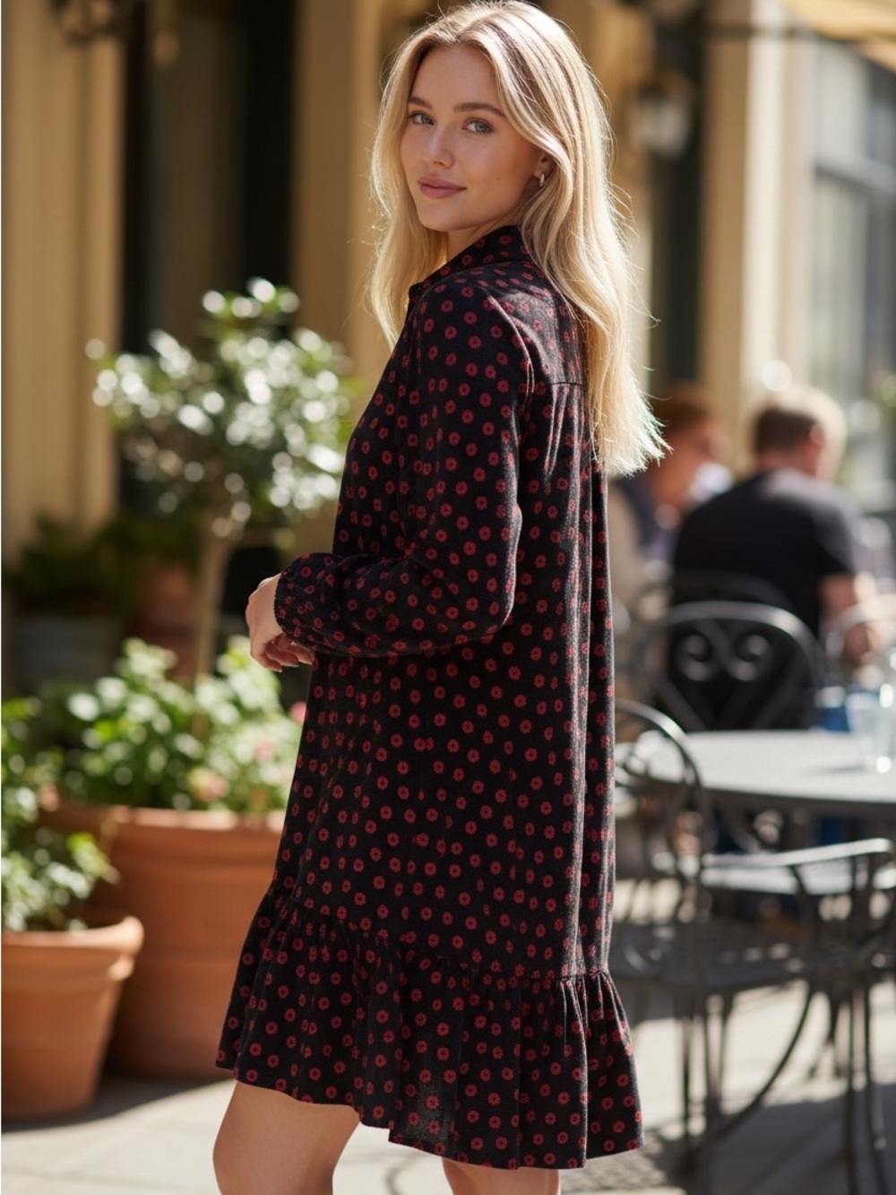 Boden Black Long-Sleeve Dress with Red Dot Floral Print
